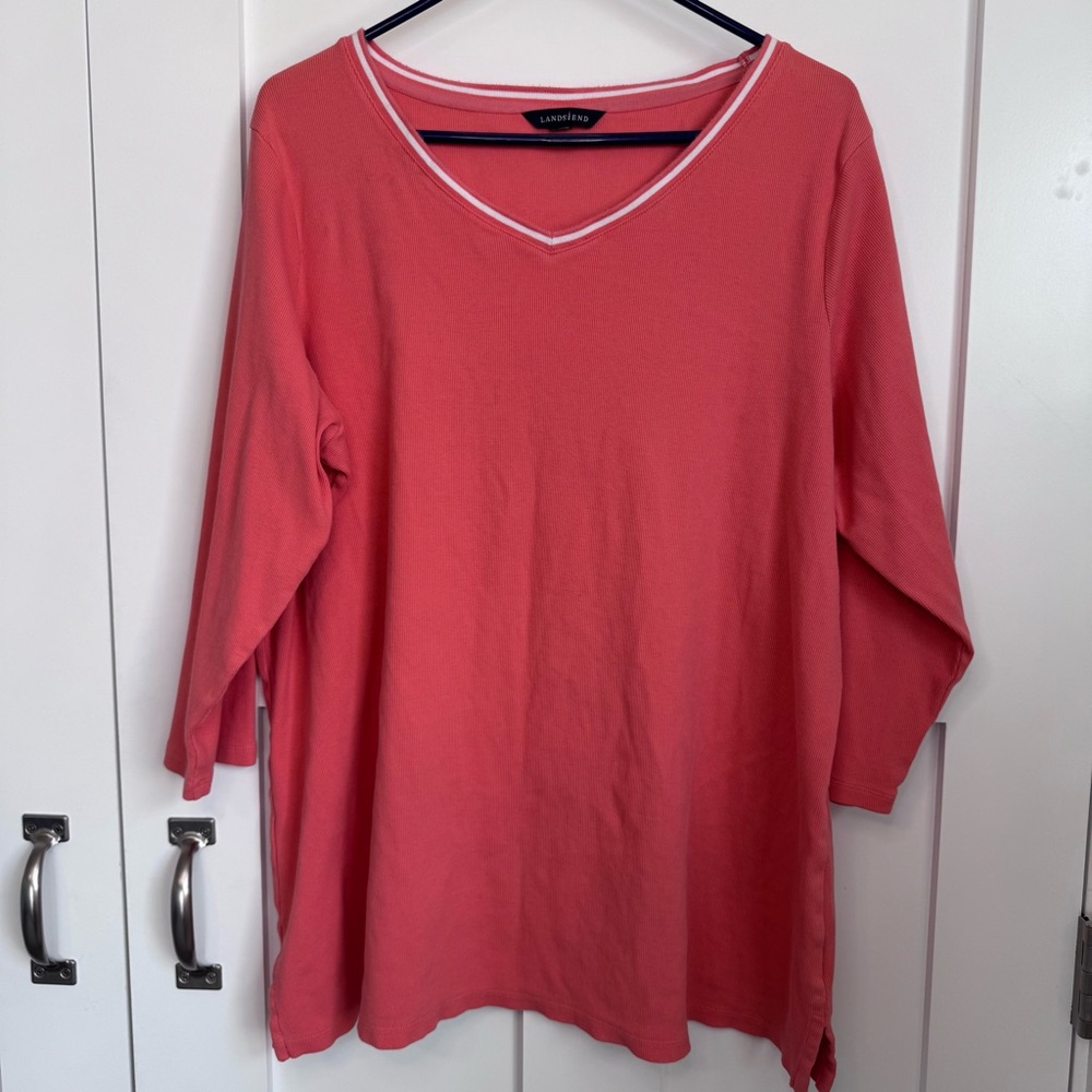 Lands' End Women's Pink Long Sleeve V-Neck Top Size‎ 2X Cotton Blend Ribbed
